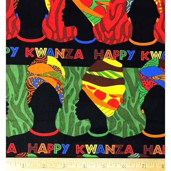 1 Fat Quarter - Colorful Happy Kwanzaa Holiday on Black Cotton Fabric - 21" X 18"