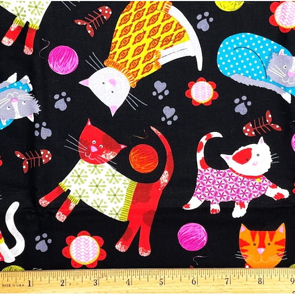 1 Fat Quarter - Colorful Knitty KItty Cats on Black Geta Lynn Cotton Fabric - 21" X 18"
