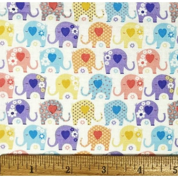 1 Fat Quarter - Colorful Mini Elephants & Hearts on White Cotton Fabric - 21" X 18"