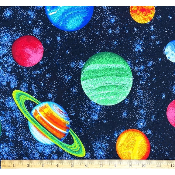 1 Fat Quarter - Colorful Planets Space Cotton Fabric - 21" X 18"