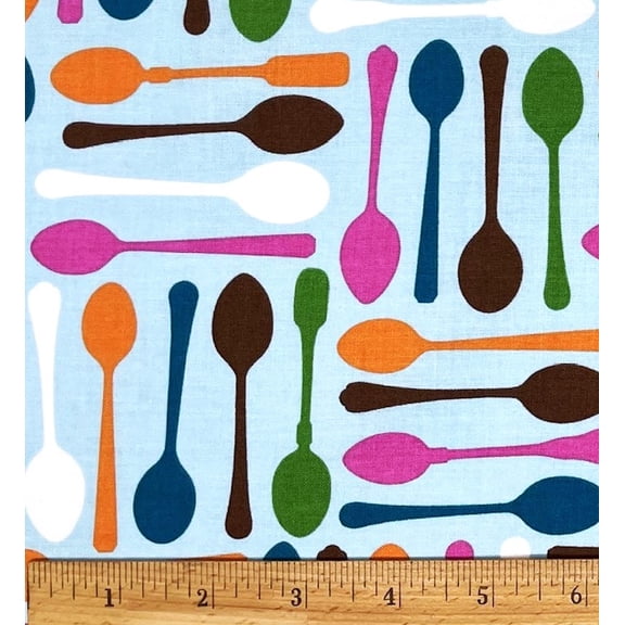 1 Fat Quarter - Colorful Spoons Kitchen on Light Blue Cotton Fabric - 21" X 18"