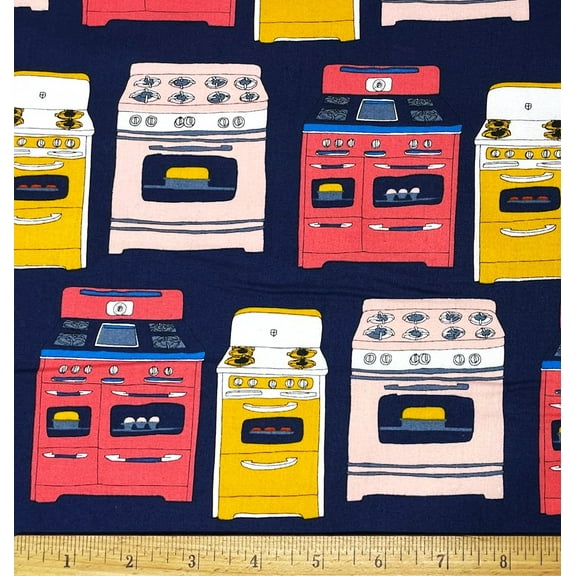 1 Fat Quarter - Colorful Vintage Kitchen Stoves on Blue Cotton Fabric - 21" X 18"