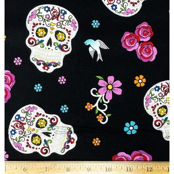 1 Fat Quarter - Day of the Dead Glittery Sugar Skulls on Black Cotton Fabric - 18" X 21"