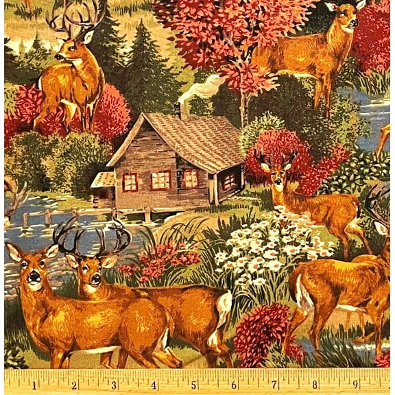 1 Fat Quarter - Deer & Cabin Lake Autumn Scenic Cotton Fabric - 21" X 18"