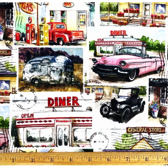 1 Fat Quarter - Diners Classic Cards & Tear Drop Campers Postcards Cotton Fabric - 21" X 18"