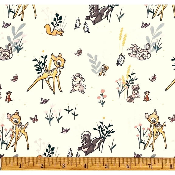 1 Fat Quarter - Disney Bambi Thumer & Flower on Cream Cotton Fabric - 21" X 18"