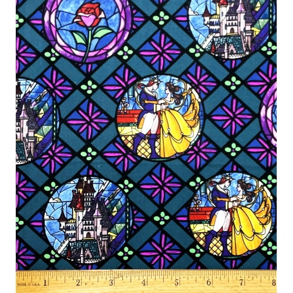 1 Fat Quarter - Disney Beauty & the Beast Princess & Prince Stained Glass Cotton Fabric - 21" X 18"