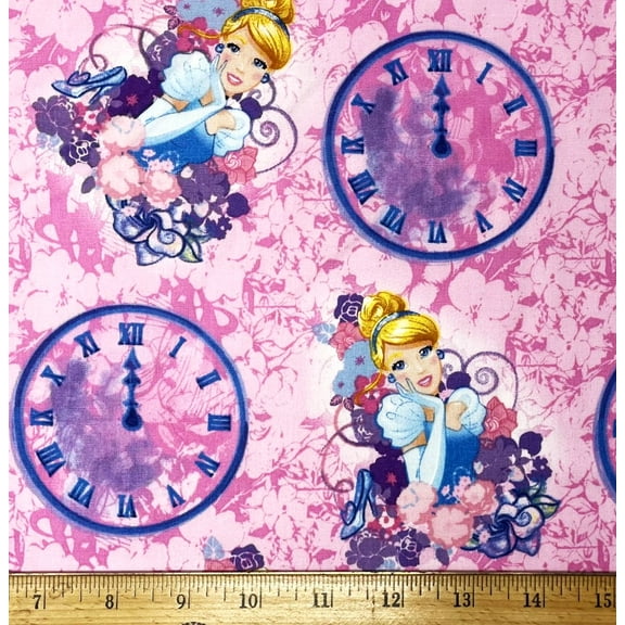 1 Fat Quarter - Disney Cinderella & Midnight Clocks on Pink Cotton Fabric - 18" X 21"