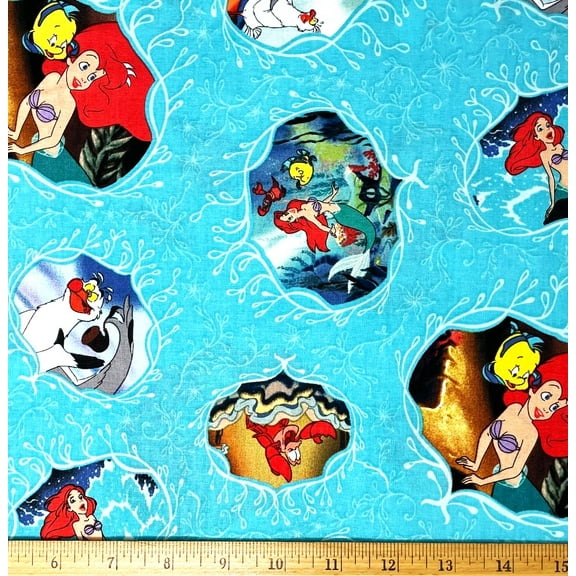 1 Fat Quarter - Disney Little Mermaid Princess Ariel Scuttle & Flounder on Blue Cotton Fabric - 18" X 21"