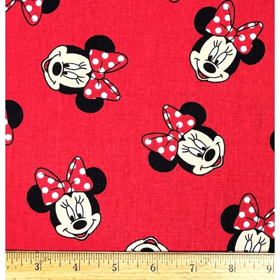 1 Fat Quarter - Disney Minnie Mouse Polka Dot Bows on Red Cotton Fabric - 18" X 21"