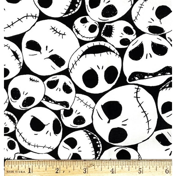 1 Fat Quarter - Disney Nightmare Before Christmas Jack White on Black Cotton Fabric - 21" X 18"