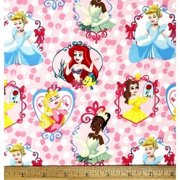 1 Fat Quarter - Disney Princess Ariel Belle Aurora & Tiana on Pink Polka Dots Cotton Fabric - 21" X 18"