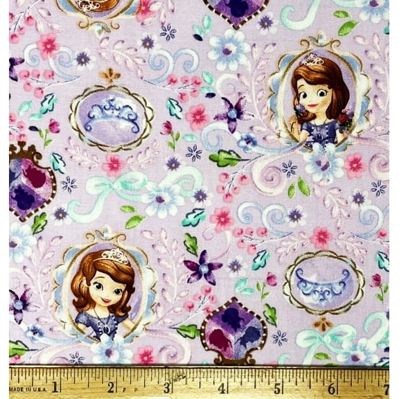 1 Fat Quarter - Disney Princess Sofia on Lavender Cotton Fabric - 21" X 18"