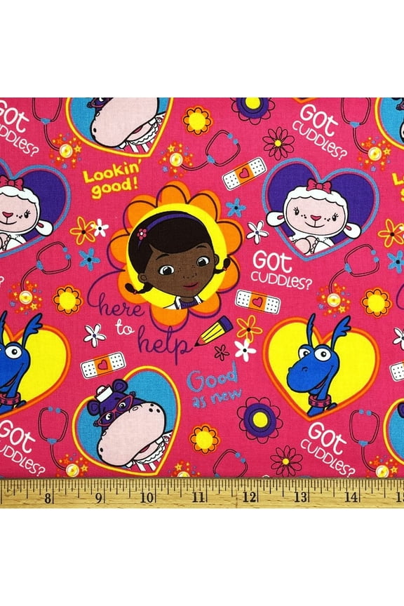 1 Fat Quarter - Doc McStuffins Nurse Hallie Hippo & Friends on Pink Cotton Fabric - 21" X 18"