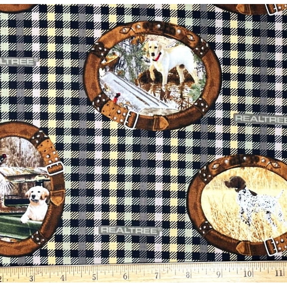 1 Fat Quarter - Duck Hunting Dogs Labradors on Gray & Cream Plaid Cotton Fabric - 21" X 18"