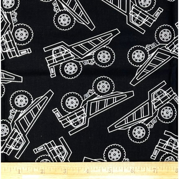1 Fat Quarter - Dump Trucks Contruction White on Black Cotton Fabric - 21" X 18"
