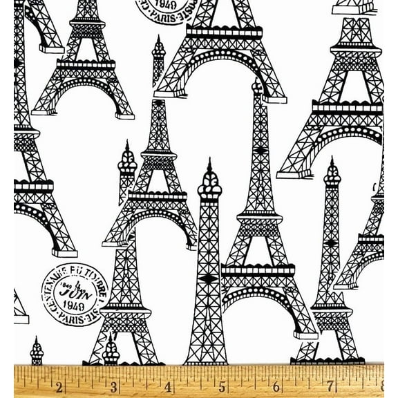 1 Fat Quarter - Eiffel Tower Paris Black on White Cotton Fabric - 21" X 18"