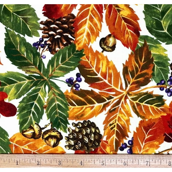 1 Fat Quarter - Fall Leaves Acorns & Pinecones on Cream Cotton Fabric - 21" X 18"