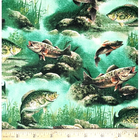 1 Fat Quarter - Fishing Fish Scenic Cotton Fabric - 21" X 18"