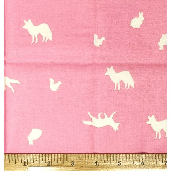 1 Fat Quarter - Fox Rabbit & Squirrel on Pink Cotton Fabric - 21" X 18"