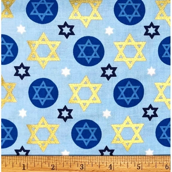 1 Fat Quarter - Gold Star of David Jewish on Blue Cotton Fabric - 21" X 18"