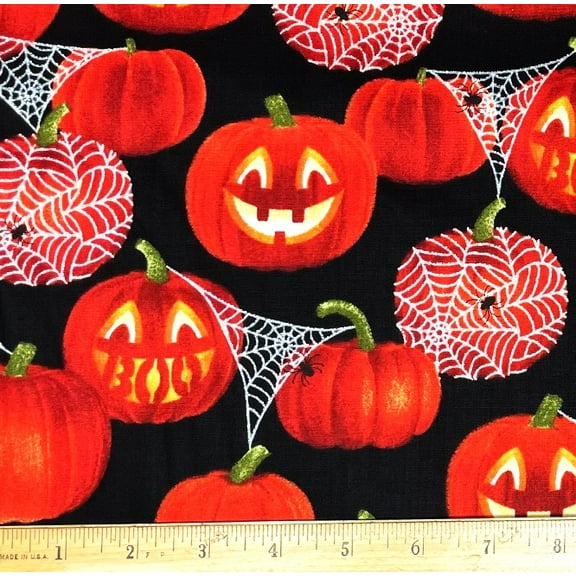 1 Fat Quarter - Halloween Pumpkins & Silver Glitter Spider Web Cotton Fabric - 21" X 18"