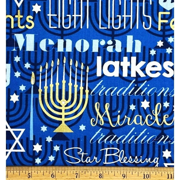 1 Fat Quarter - Hanukkah Festival of Lights Jewish Menorah on Blue Cotton Fabric - 21" X 18"