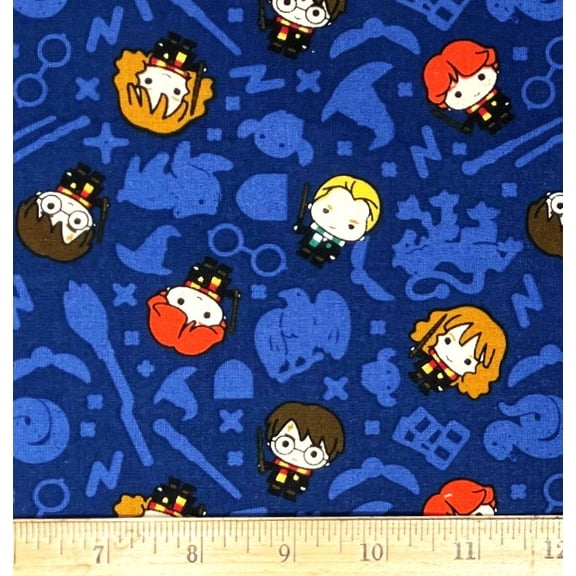 1 Fat Quarter - Harry Potter & Friends Wizarding World Game on Blue Cotton Fabric - 18" X 21"
