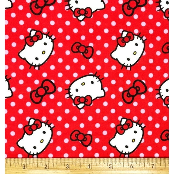 1 Fat Quarter - Hello Kitty Pink Polka Dots & Red Bows Cotton Fabric - 18" X 21"