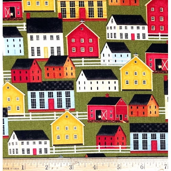 1 Fat Quarter - Horse Farm Farming Barns & Houses on Green Cotton Fabric - 21" X 18"
