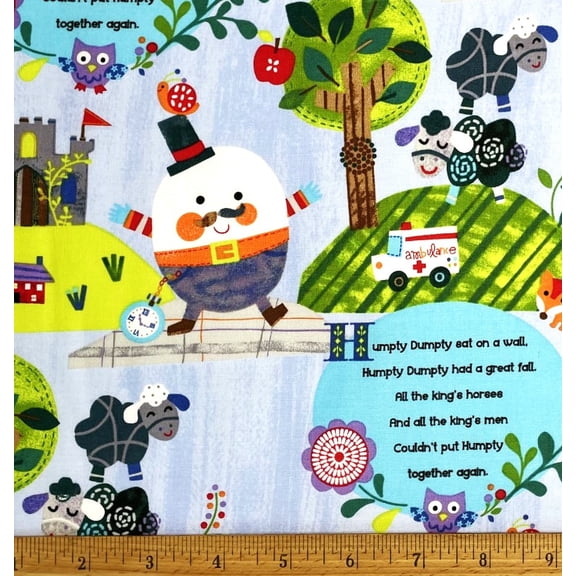 1 Fat Quarter - Humpty Dumpty Mother Goose on Blue Cotton Fabric - 21" X 18"