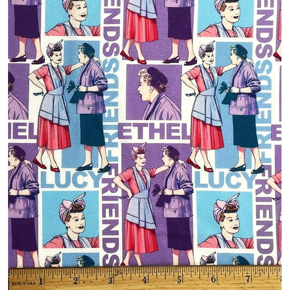 1 Fat Quarter - I Love Lucy & Ethel Lavender Blocks Cotton Fabric - 21" X 18"