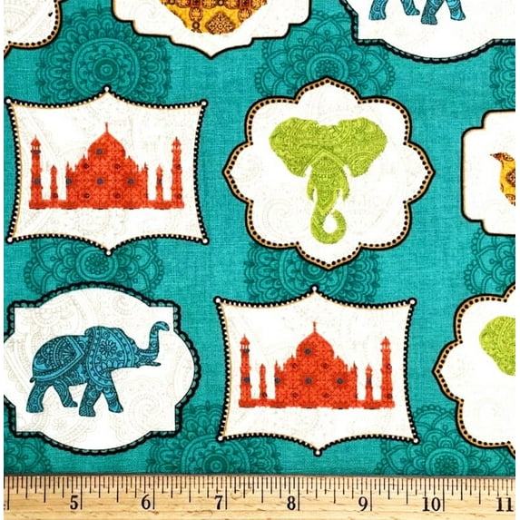 1 Fat Quarter - India Indian Elephant Teapot on Teal Blue Cotton Fabric - 21" X 18"