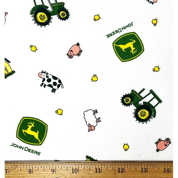 1 Fat Quarter - John Deere Baby Farm Tractor & Animals on White Cotton Fabric - 18" X 21"