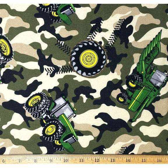 1 Fat Quarter - John Deere Farm Tractor on Camo Cotton Fabric - 18" X 21"