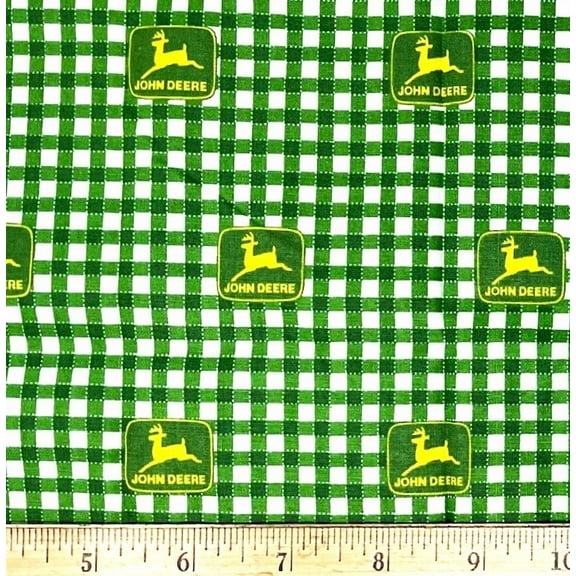 1 Fat Quarter - John Deere Farm Tractor on Green Check Cotton Fabric - 18" X 21"