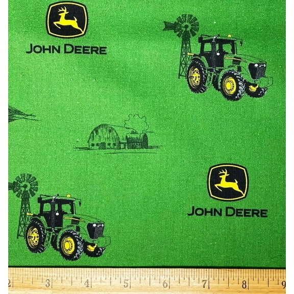 1 Fat Quarter - John Deere Farm Tractor on Green Cotton Fabric - 21" X 18"
