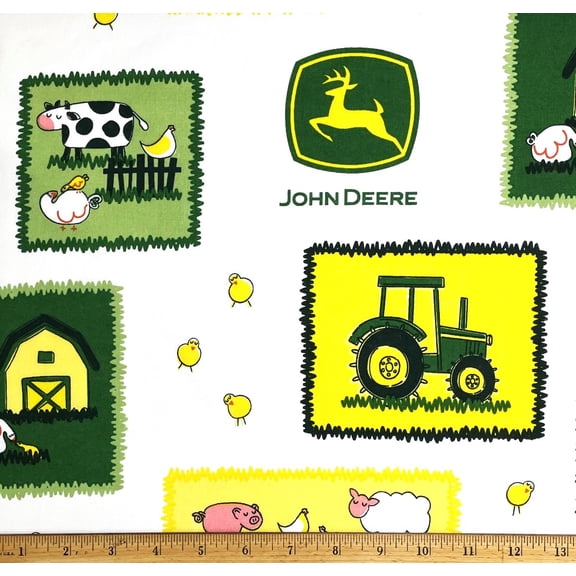 1 Fat Quarter - John Deere Farm Tractors & Animals Patch on White Cotton Fabric - 18" X 21"