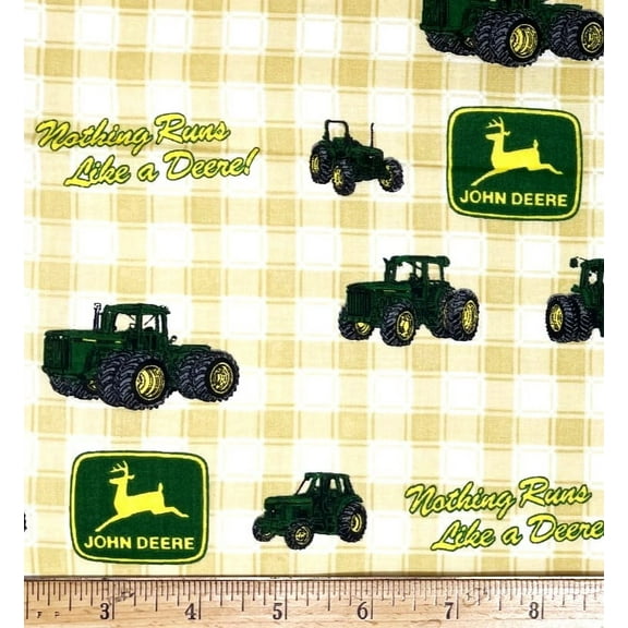 1 Fat Quarter - John Deere Mini Farm Tractors on Yellow Plaid Cotton Fabric - 18" x 21"