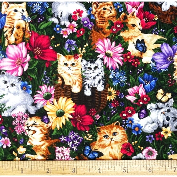 1 Fat Quarter - Kittens Cats Flowers Floral Scenic Cotton Fabric - 21" X 18"