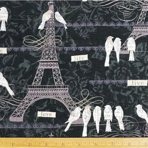 1 Fat Quarter - Love Paris Eiffel Tower & Birds Gray/Black Cotton Fabric - 21" X 18"