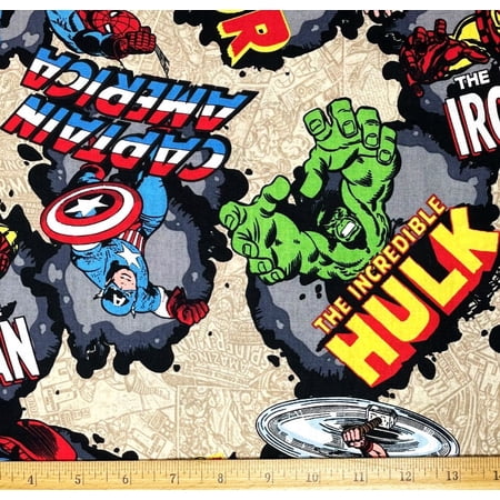 1 Fat Quarter - Marvel Hero Comic Cotton Fabric - Hulk Spiderman Thor Ironman Captain America - 18" X 21"