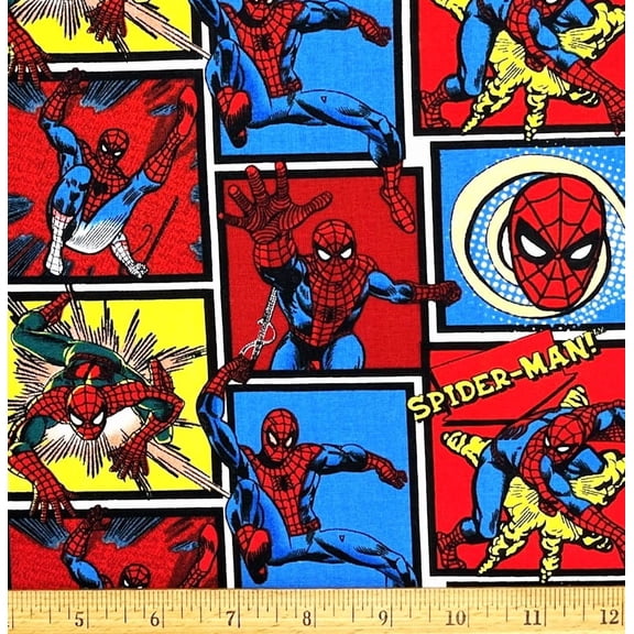 1 Fat Quarter - Marvel Spiderman Block Blue & Red Cotton Fabric - 21" X 18"
