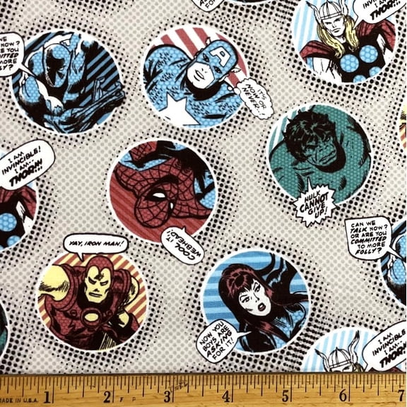 1 Fat Quarter - Marvel Super Heros Spiderman Captain America Thor & More on Gray Dot Cotton Fabric - 21" X 18"