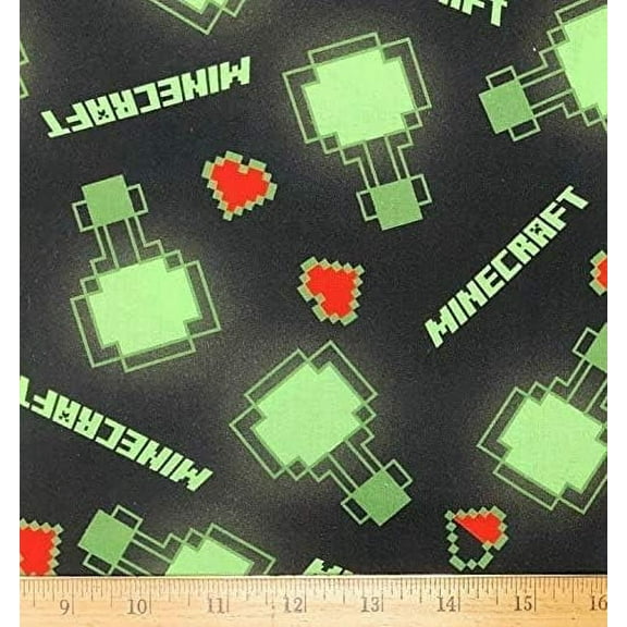 1 Fat Quarter - Minecraft Video Game Creepers & Red Hearts on Black Cotton Fabric - 18" X 21"