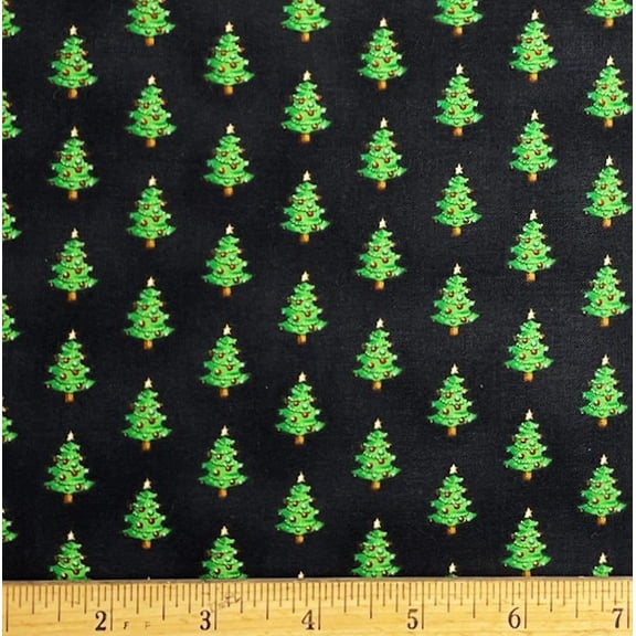 1 Fat Quarter - Mini Christmas Tree on Black Cotton Fabric - 21" X 18"