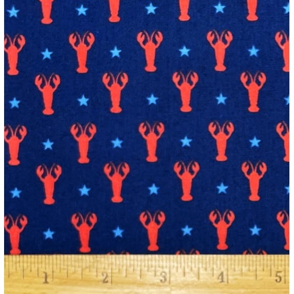 1 Fat Quarter - Mini Red Lobsters & Stars on Blue Cotton Fabric - 21" X 18"