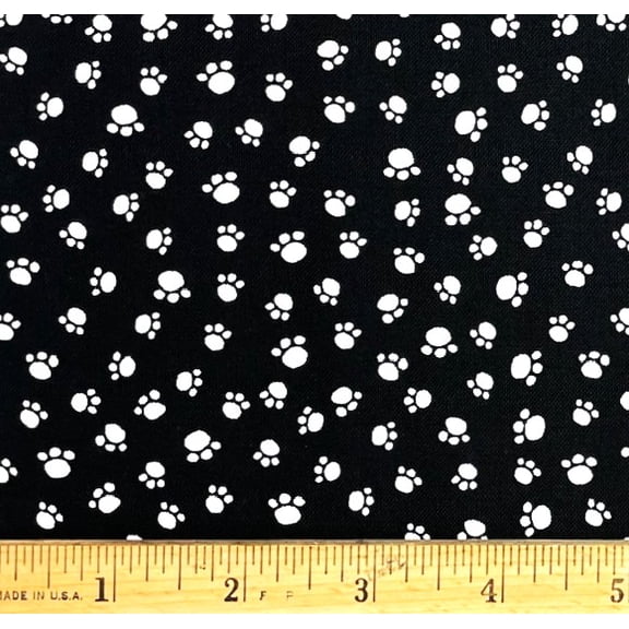 1 Fat Quarter - Mini White Dog Paws on Black Cotton Fabric - 21" X 18"