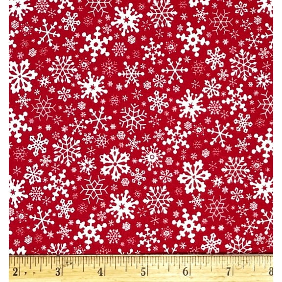 1 Fat Quarter - Mini White Snowflakes on Red Cotton Fabric - 18" X 21"