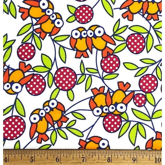 1 Fat Quarter - Owls & Berries Polka Dot on White Cotton Fabric - 21" X 18"